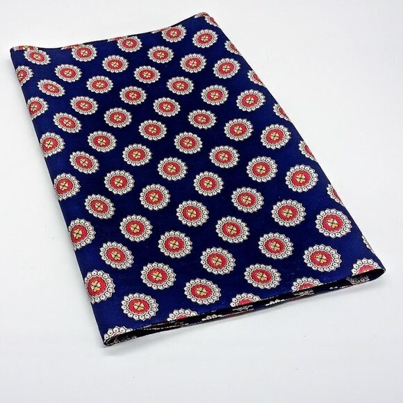 Navy Blue Red Yellow Circle Print Oblong Silk Scarf - Picture 1 of 3
